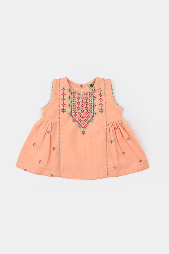 Infant Girls Poly Cambric Emb 2 Pcs Reet-Peach