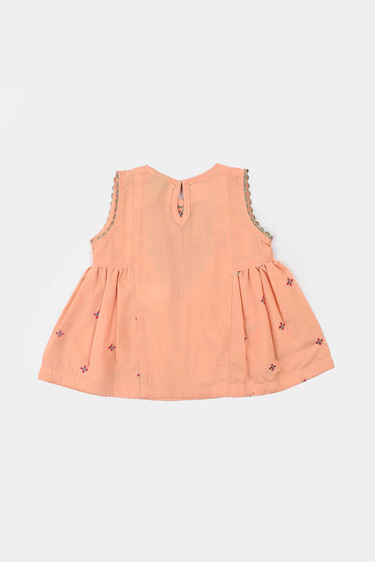 Infant Girls Poly Cambric Emb 2 Pcs Reet-Peach