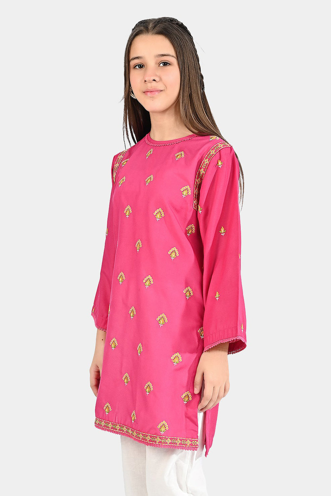 Girls Poly Cambric Emb kurti Suit Me - Hot.Pink
