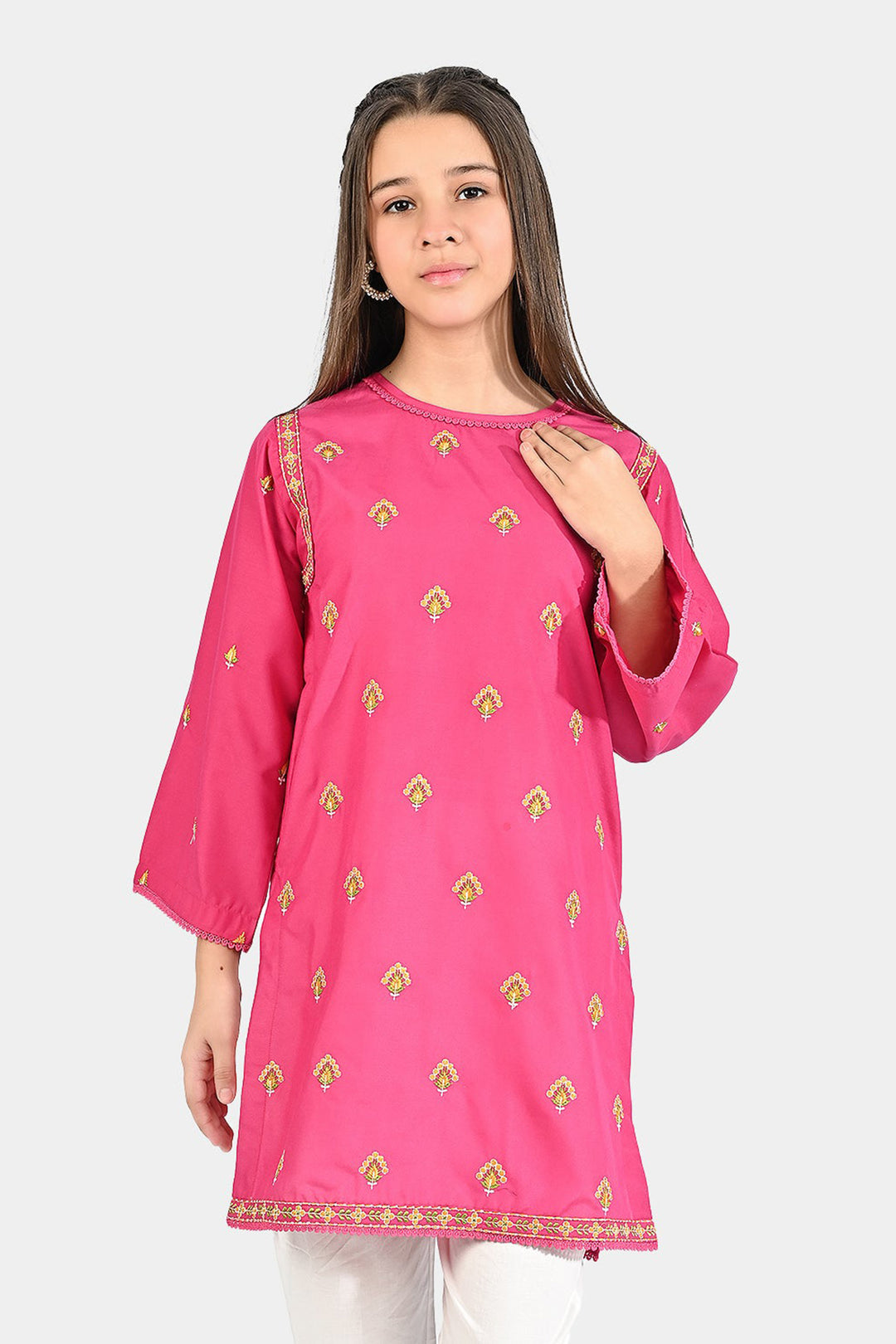 Girls Poly Cambric Emb kurti Suit Me - Hot.Pink