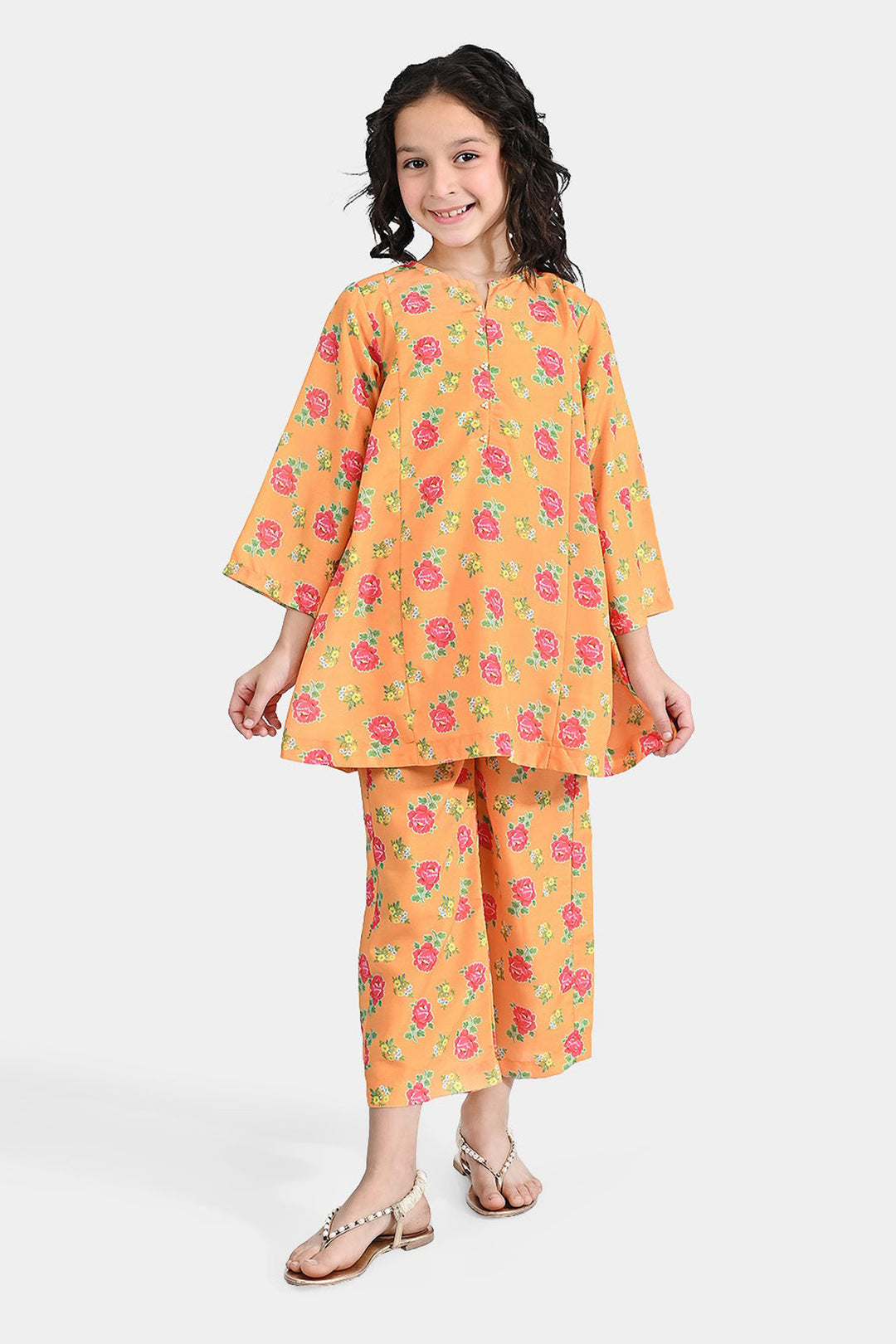 Girls Poly Cambric Printed 2Pc Gulab - Yellow