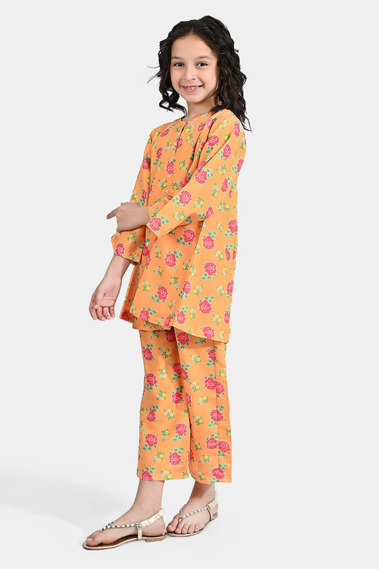 Girls Poly Cambric Printed 2Pc Gulab - Yellow