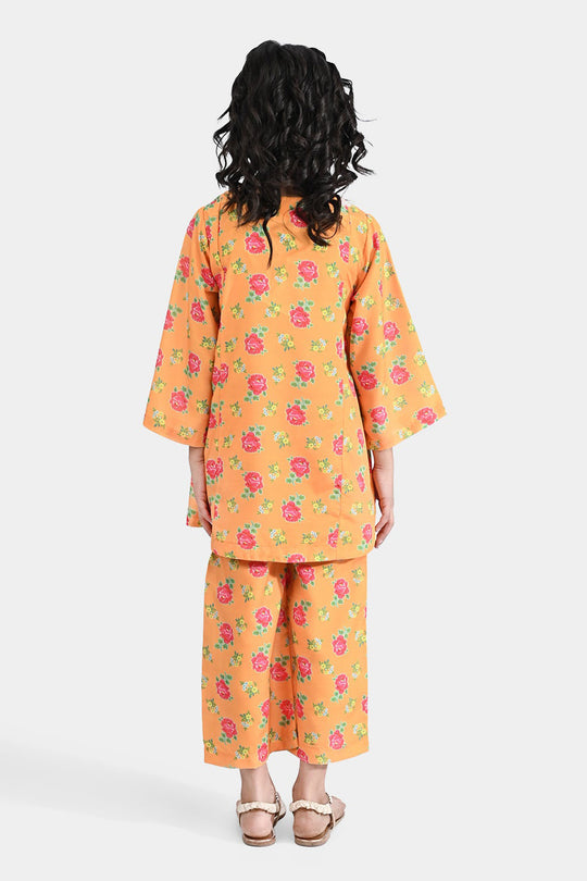 Girls Poly Cambric Printed 2Pc Gulab - Yellow