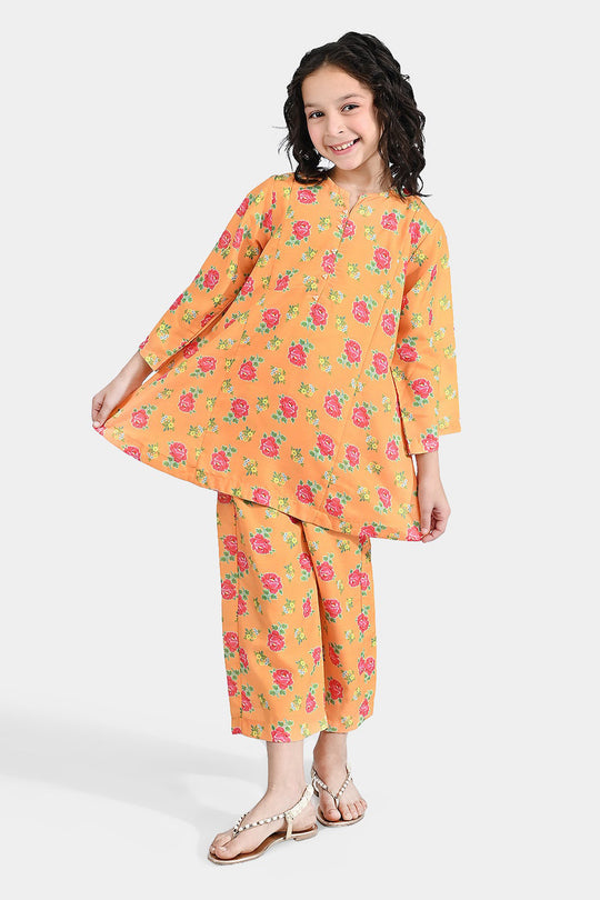 Girls Poly Cambric Printed 2Pc Gulab - Yellow