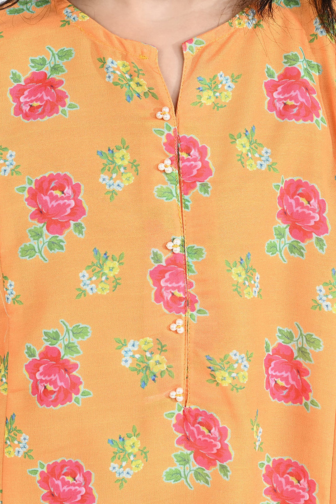 Girls Poly Cambric Printed 2Pc Gulab - Yellow