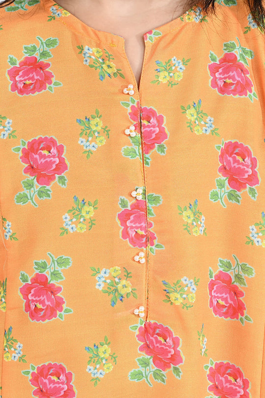 Girls Poly Cambric Printed 2Pc Gulab - Yellow
