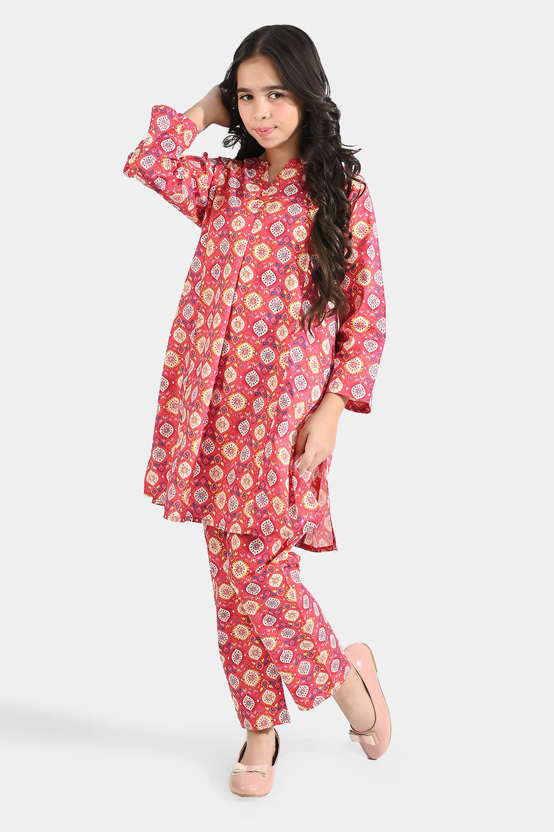 Girls Cotton Poplin Printed 2 Pcs Rangela - Pink