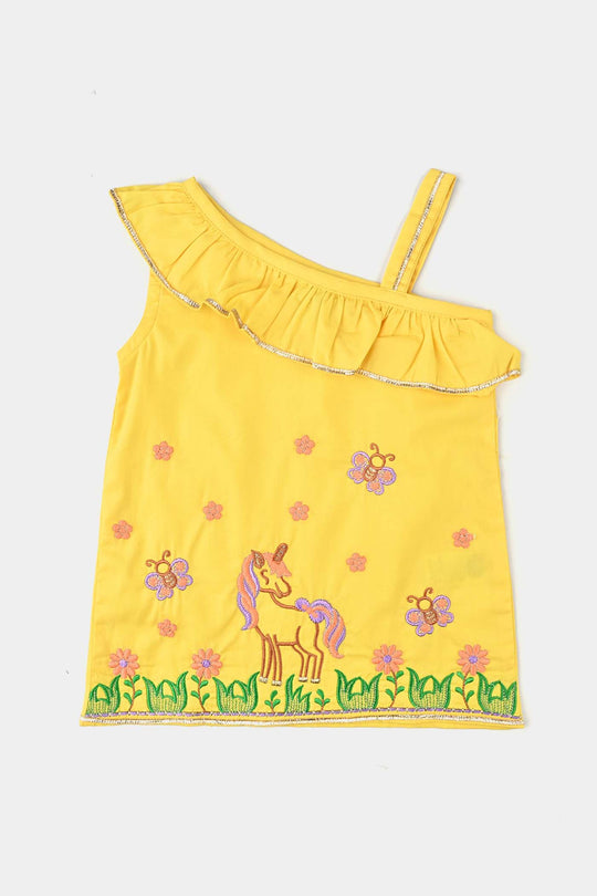 Infant Girls Cotton Poplin Emb 2 Pcs Suit -Yellow