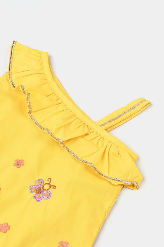 Infant Girls Cotton Poplin Emb 2 Pcs Suit -Yellow