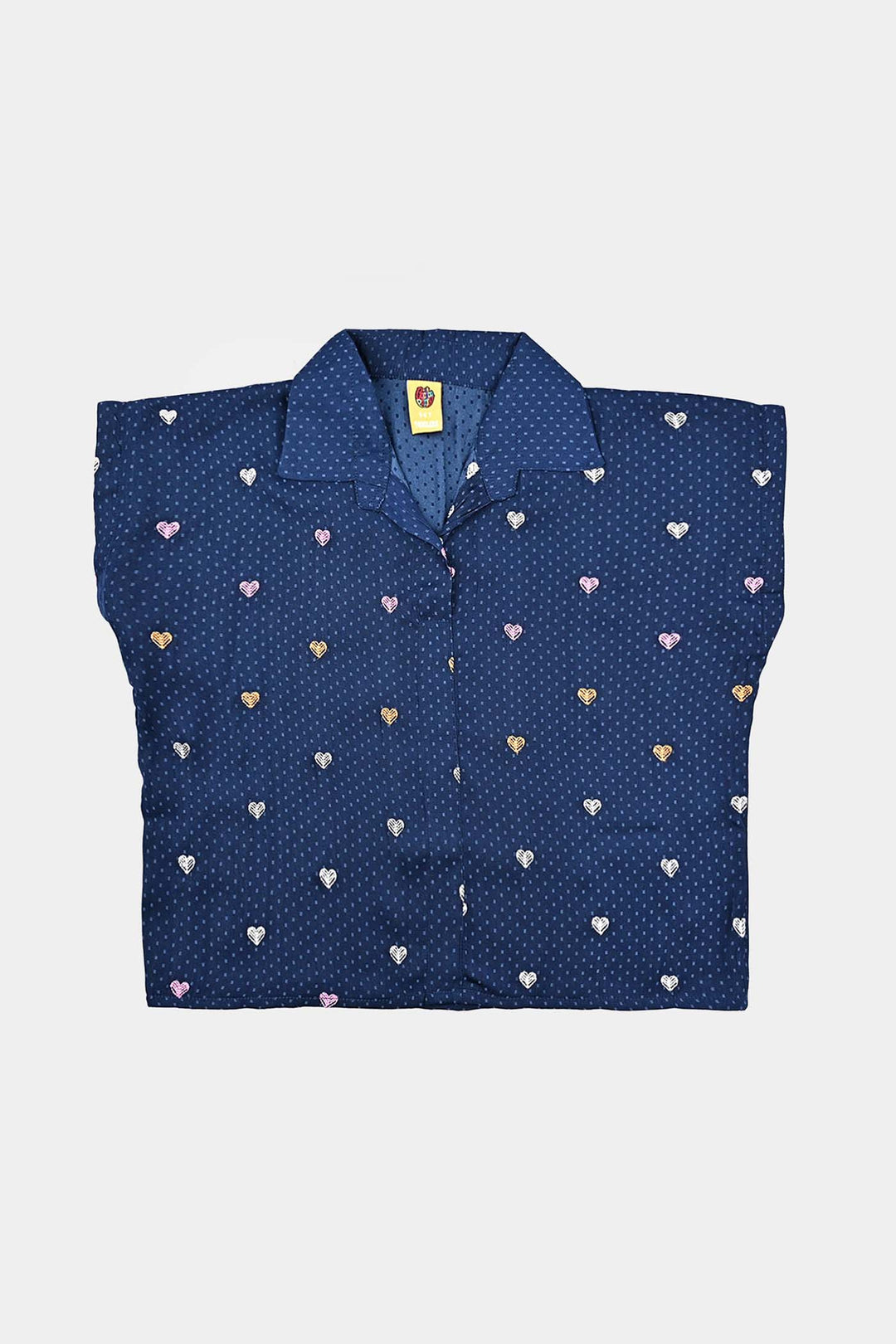 Girls Poly Cotton Emb Top Colorful Hearts-Blue