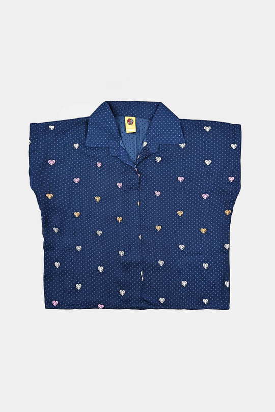 Girls Poly Cotton Emb Top Colorful Hearts-Blue