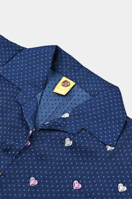 Girls Poly Cotton Emb Top Colorful Hearts-Blue