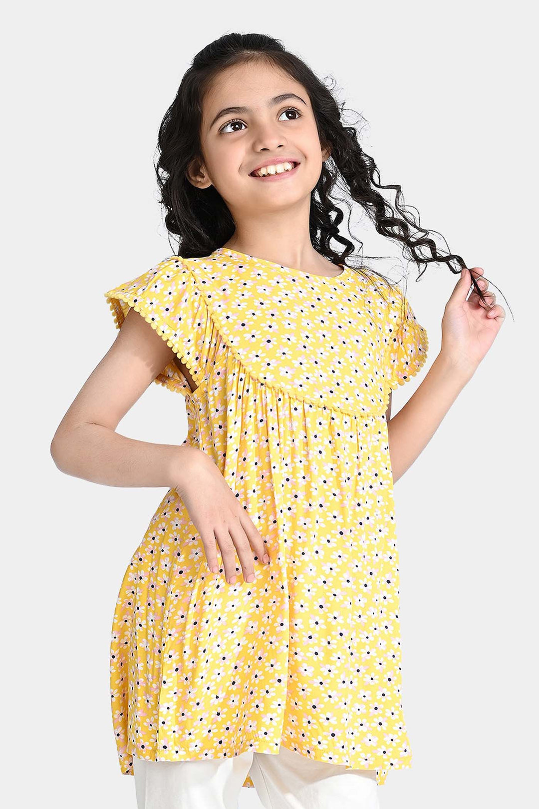 Girls Viscose Printed Frock-Yellow