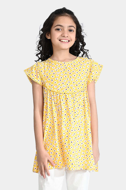 Girls Viscose Printed Frock-Yellow