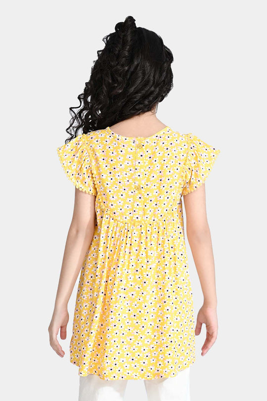 Girls Viscose Printed Frock-Yellow