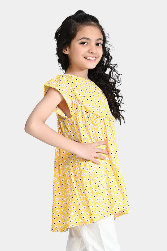 Girls Viscose Printed Frock-Yellow