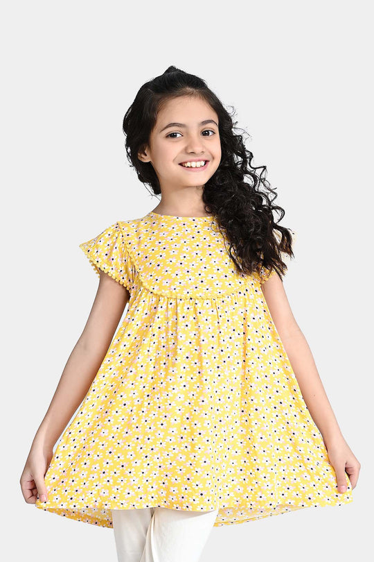 Girls Viscose Printed Frock-Yellow