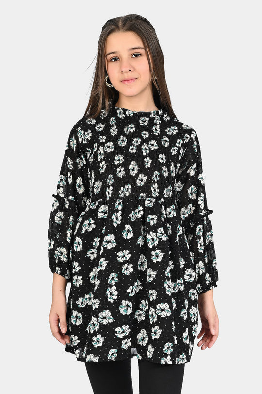 Girls Chiffon Smocking Frock-BLACK