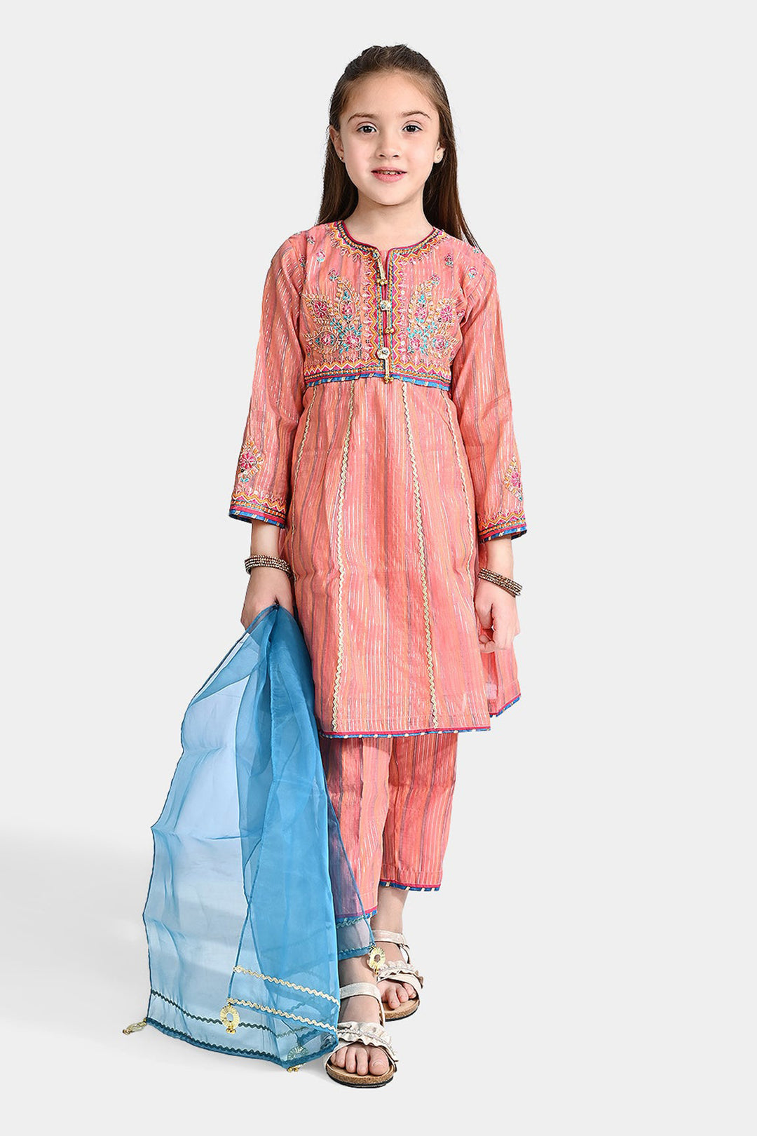Girls Jacquard Fancy 3 Pcs Suit Roshni-Peach