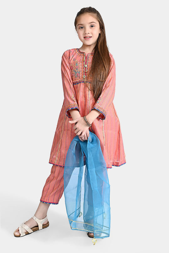 Girls Jacquard Fancy 3 Pcs Suit Roshni-Peach