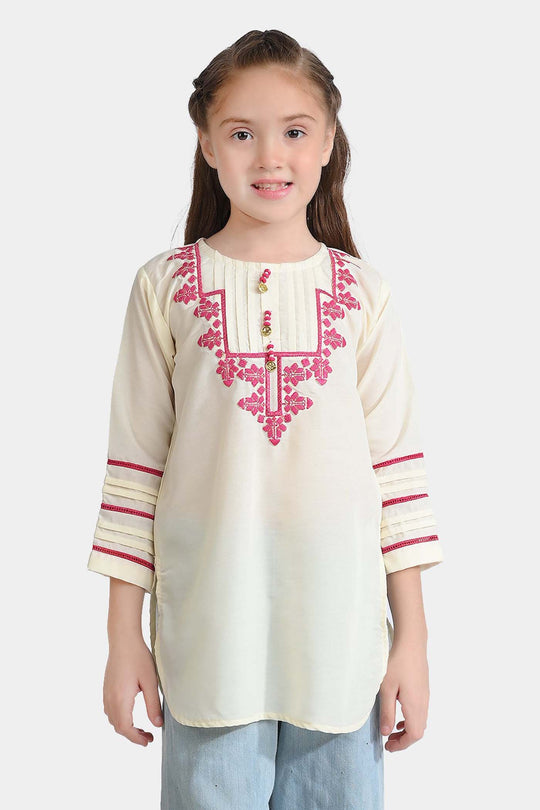Girls poly cambric Emb Kurti Folk-Cream