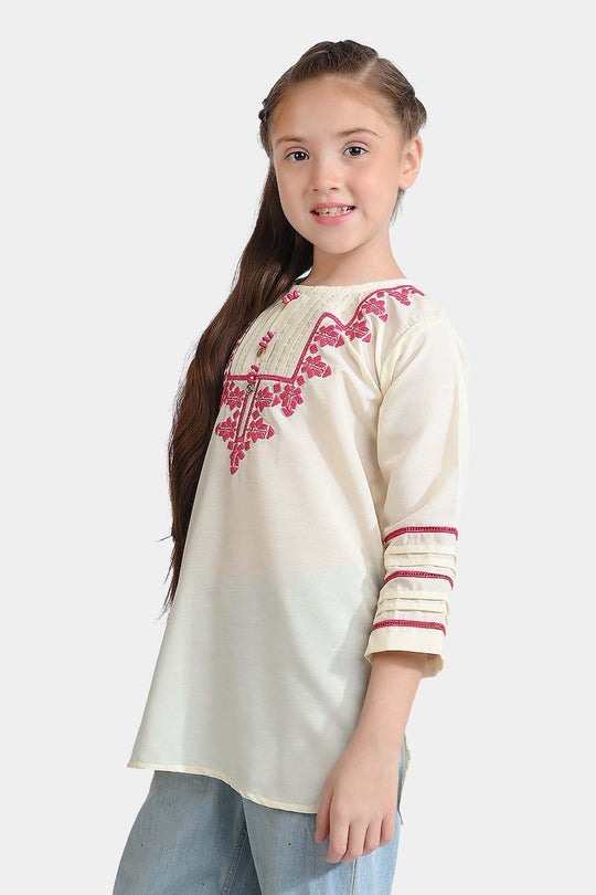 Girls poly cambric Emb Kurti Folk-Cream