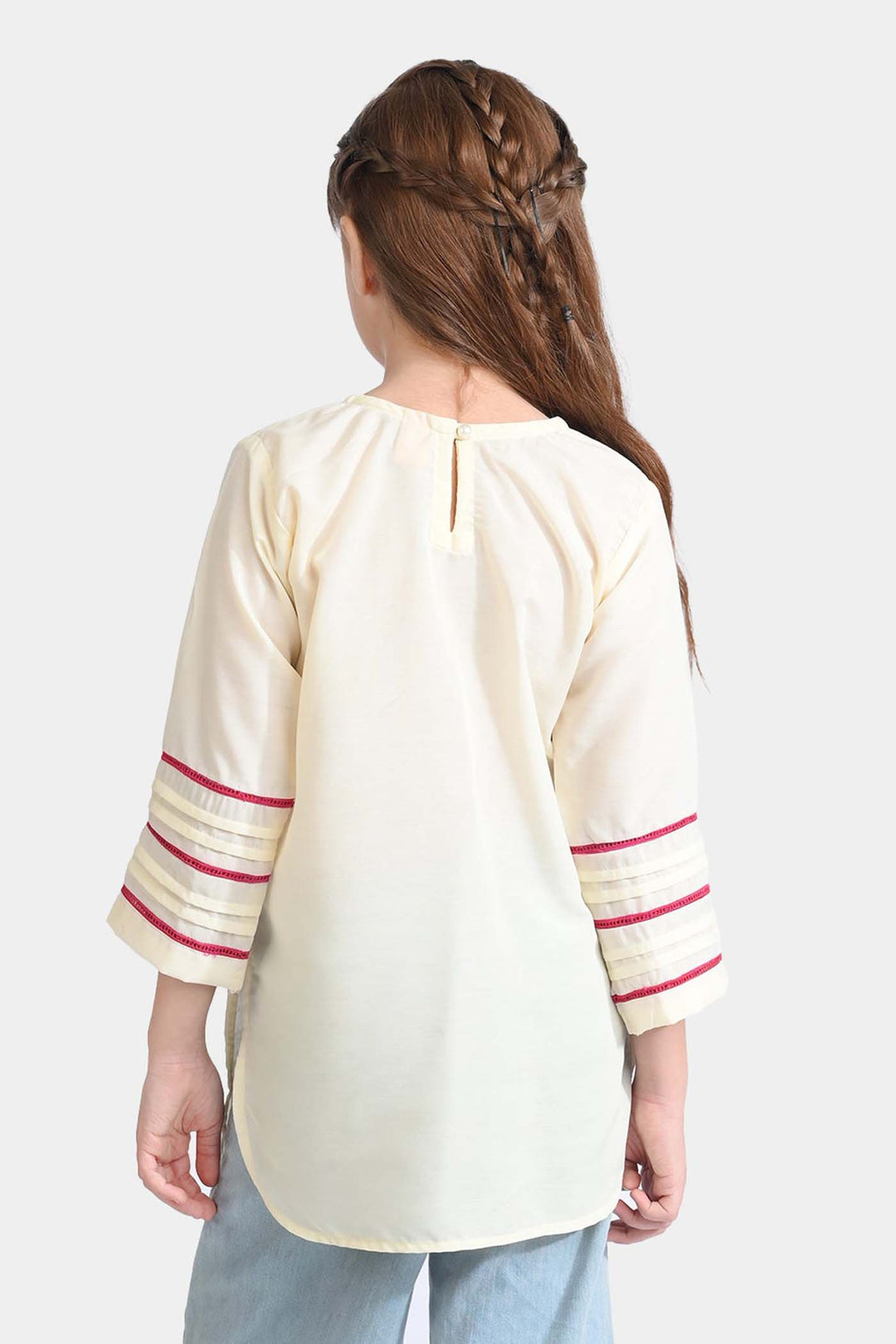 Girls poly cambric Emb Kurti Folk-Cream