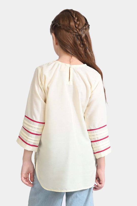 Girls poly cambric Emb Kurti Folk-Cream