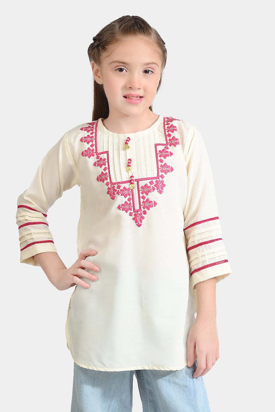 Girls poly cambric Emb Kurti Folk-Cream