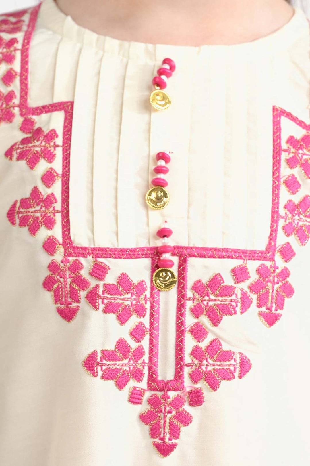 Girls poly cambric Emb Kurti Folk-Cream