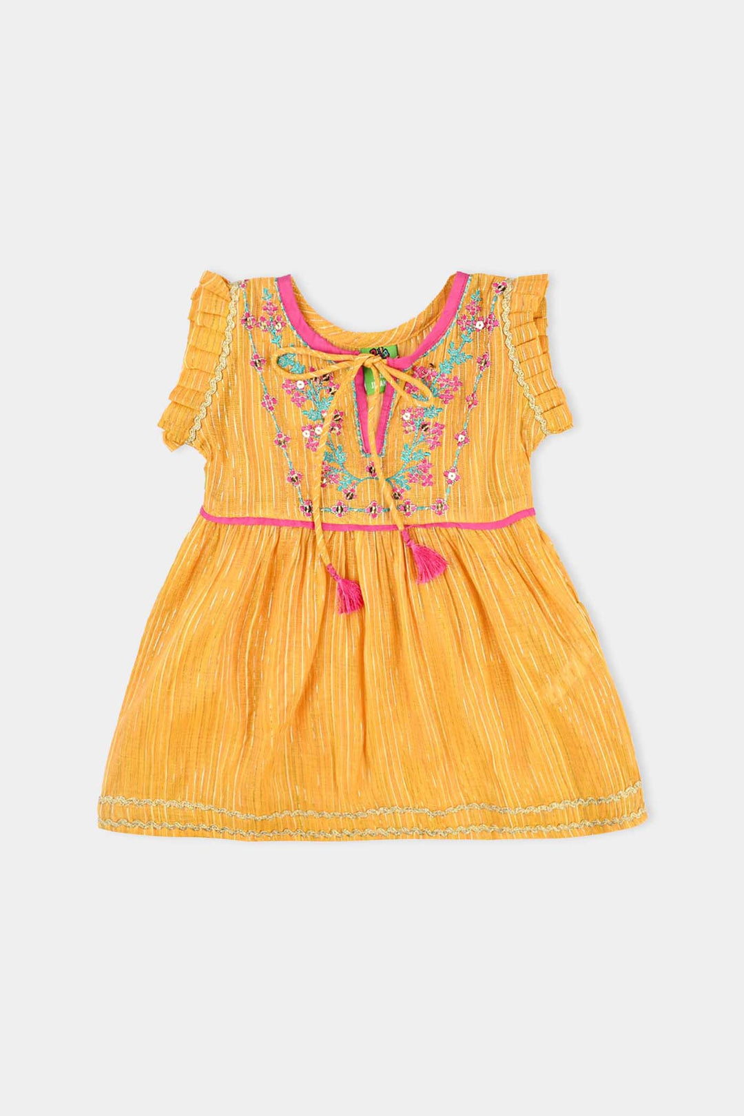 Infant Girls Yarn Dyed Fancy 2 Pcs Chamak-Yellow