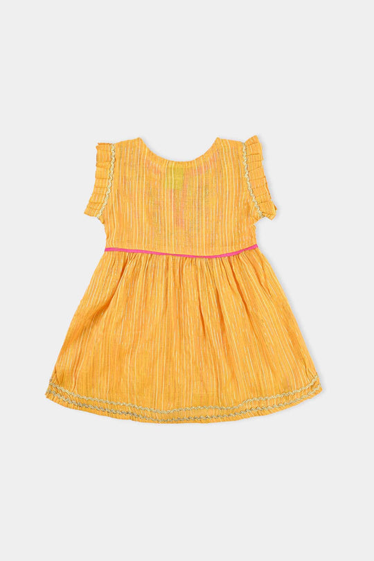 Infant Girls Yarn Dyed Fancy 2 Pcs Chamak-Yellow