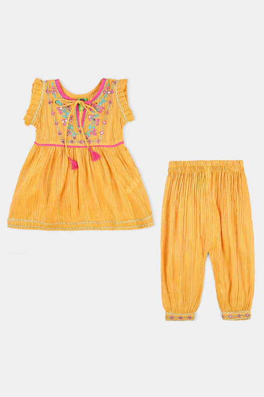 Infant Girls Yarn Dyed Fancy 2 Pcs Chamak-Yellow