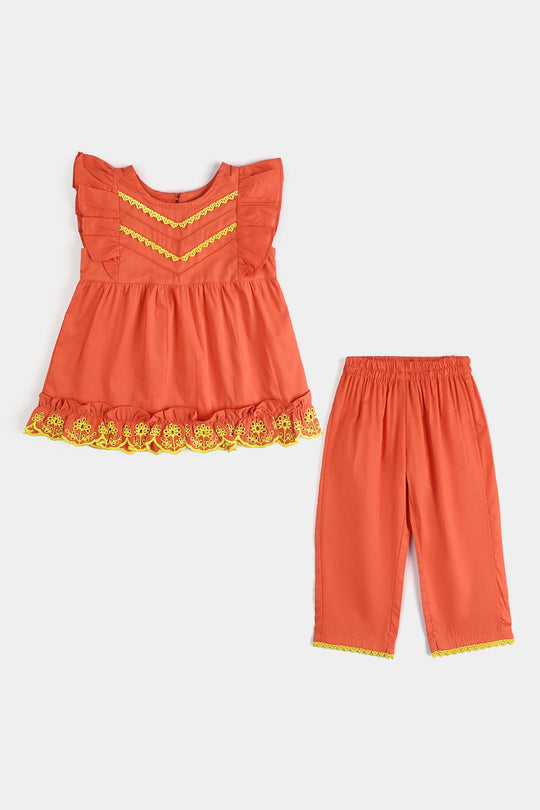 Infant Girls Cotton Poplin Emb 2 Pcs Little Angel-ORANGE