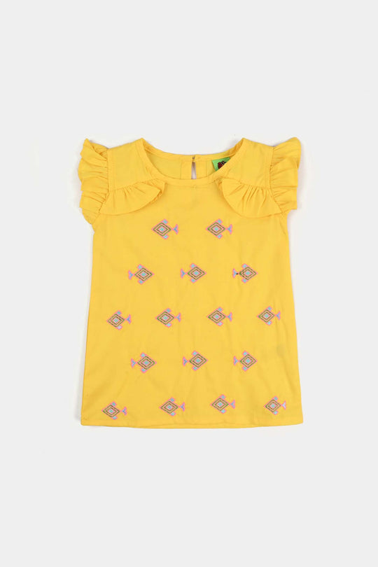 Infant Girls Cotton Poplin Emb Kurti Neon Fish-Yellow