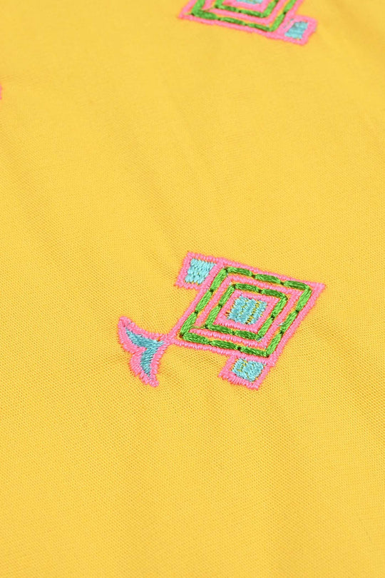 Infant Girls Cotton Poplin Emb Kurti Neon Fish-Yellow