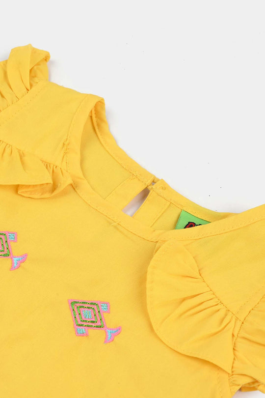 Infant Girls Cotton Poplin Emb Kurti Neon Fish-Yellow