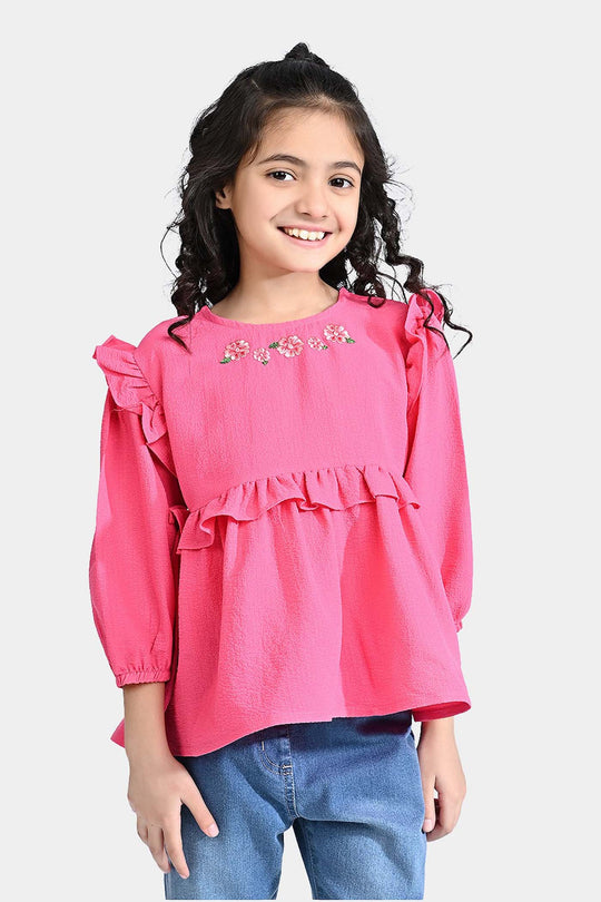 Girls Chiffon Emb Top Hibiscus-Pink