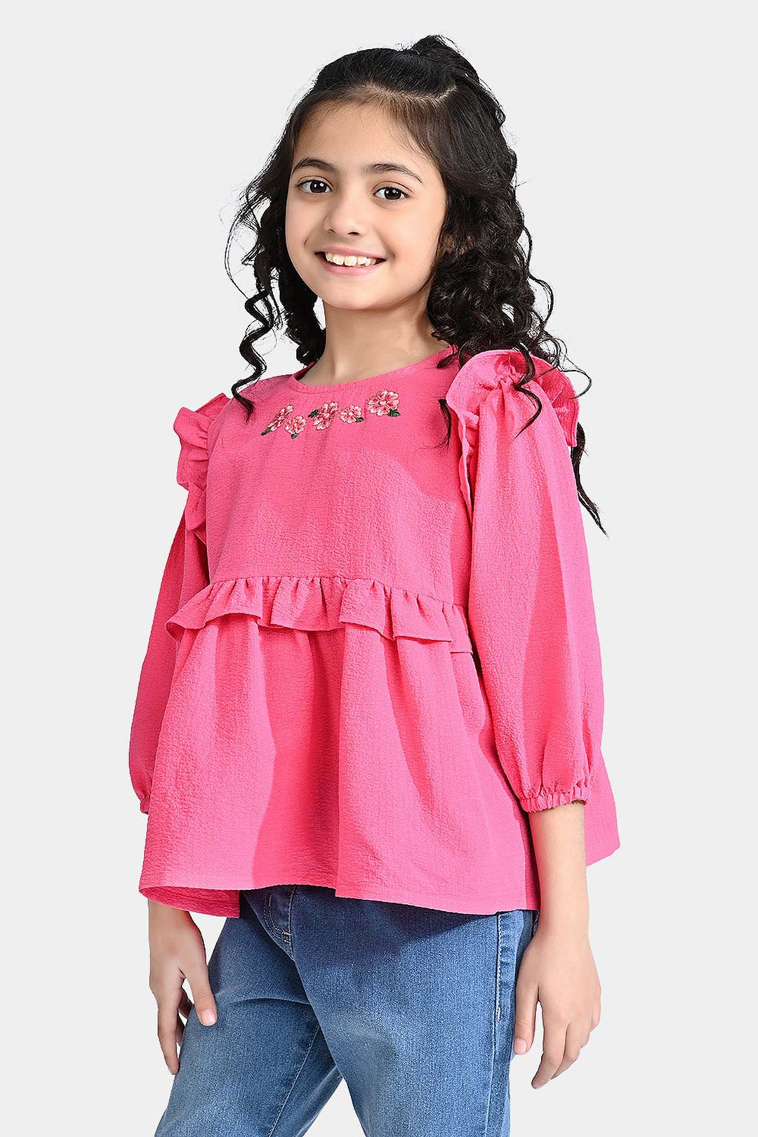 Girls Chiffon Emb Top Hibiscus-Pink