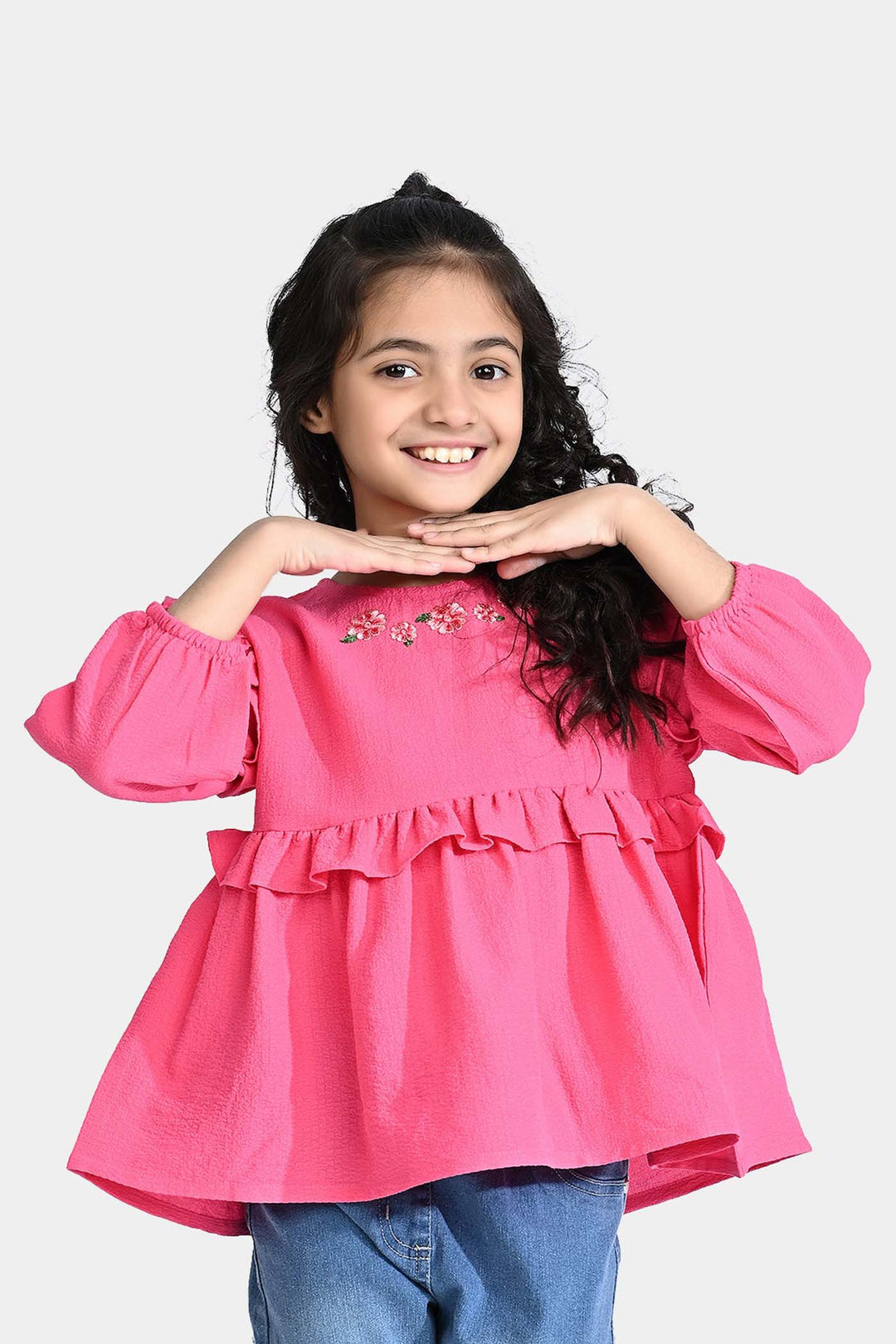Girls Chiffon Emb Top Hibiscus-Pink
