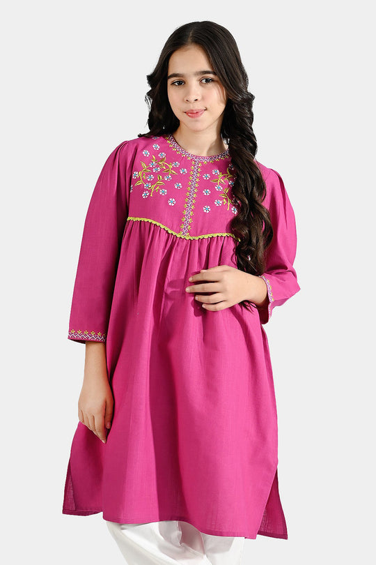 Girls Cotton Slub EMB Long Kurti Gul Rang-Pink