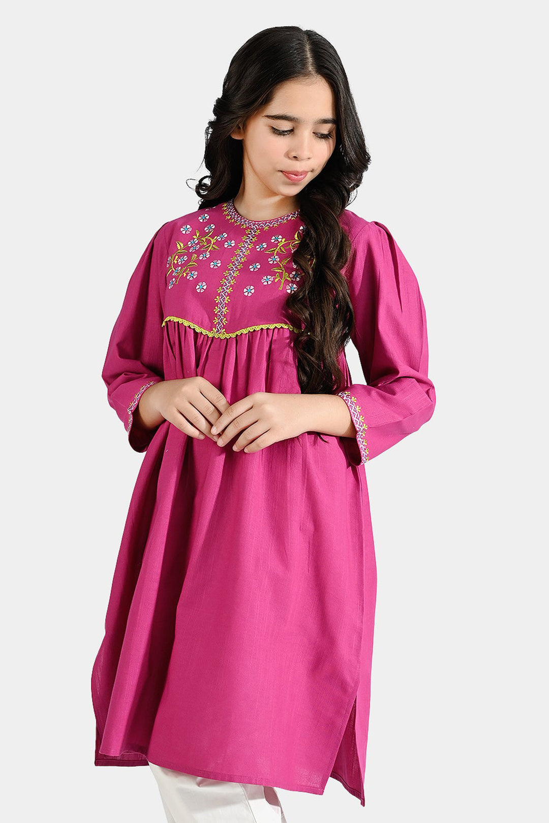 Girls Cotton Slub EMB Long Kurti Gul Rang-Pink
