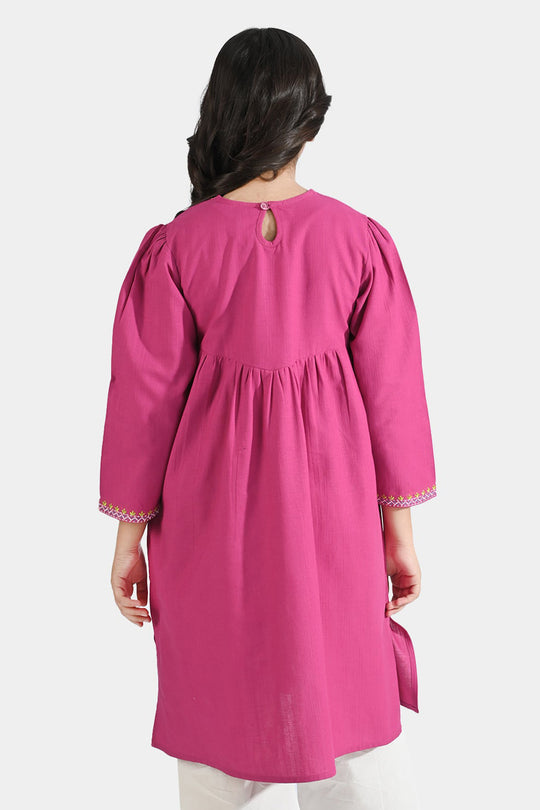 Girls Cotton Slub EMB Long Kurti Gul Rang-Pink