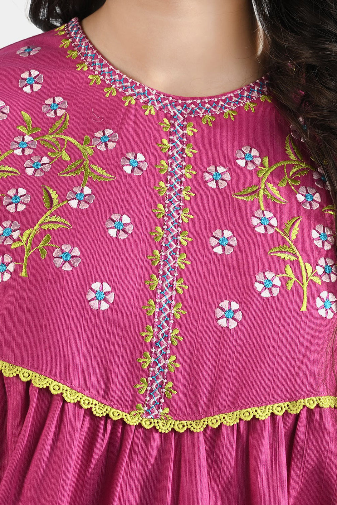 Girls Cotton Slub EMB Long Kurti Gul Rang-Pink