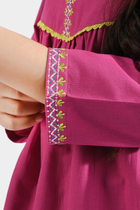 Girls Cotton Slub EMB Long Kurti Gul Rang-Pink
