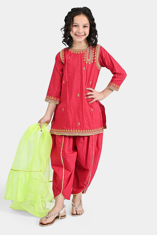 Girls Cotton 3Pcs Falak - Shock Pink