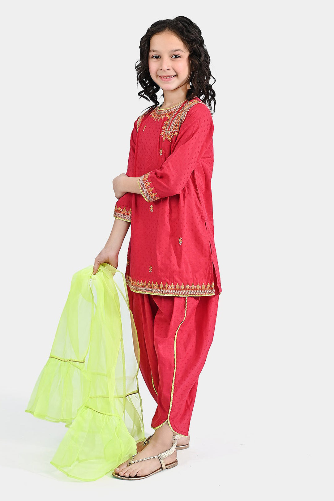 Girls Cotton 3Pcs Falak - Shock Pink