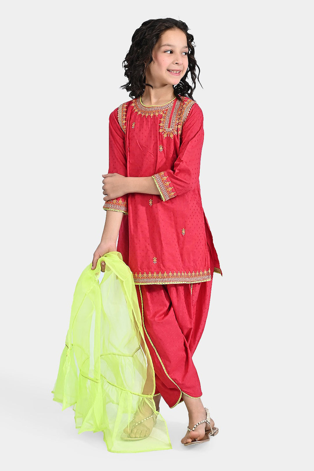 Girls Cotton 3Pcs Falak - Shock Pink