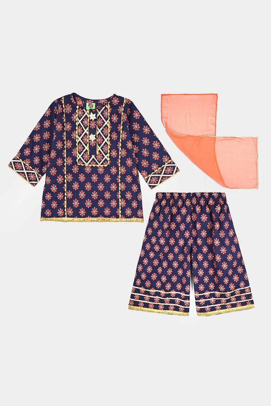 Infant Girls Jacquard Fancy 3Pcs Noor-Navy Blue
