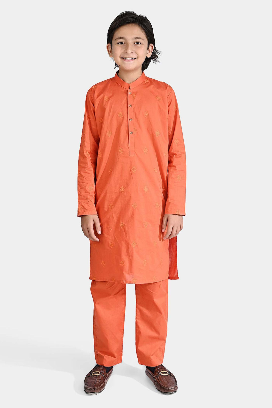 Boys Cotton Shalwar Suit (Tone On Tone)-Rust